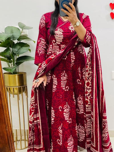 Red Kalamkari Block Print Anarkali Suit Set with Dupatta