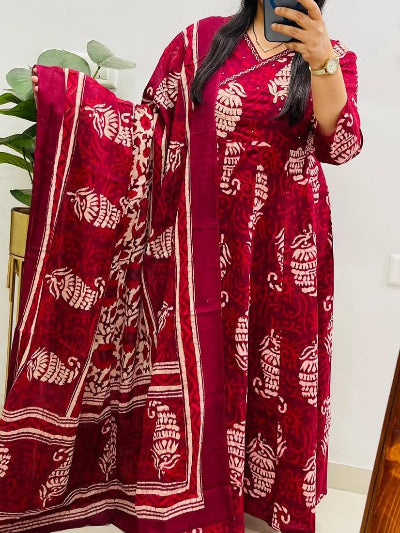 Red Kalamkari Block Print Anarkali Suit Set with Dupatta