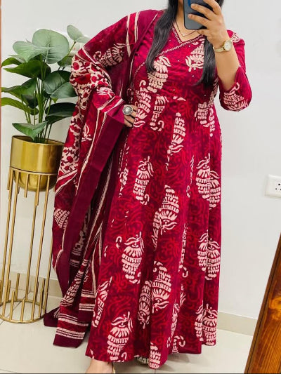 Red Kalamkari Block Print Anarkali Suit Set with Dupatta