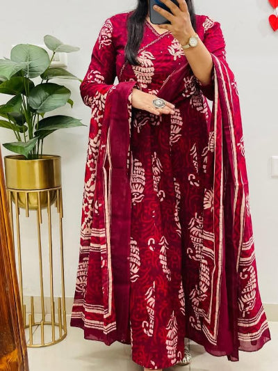 Red Kalamkari Block Print Anarkali Suit Set with Dupatta