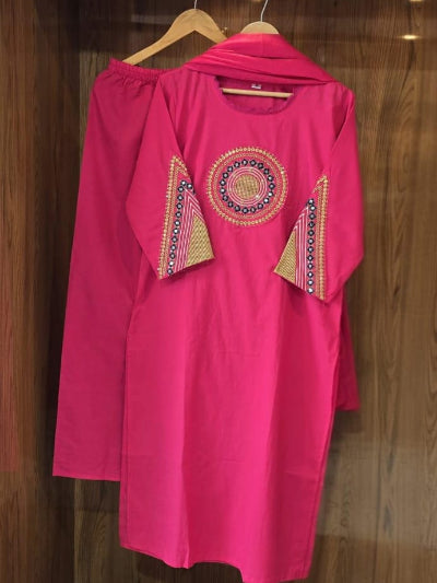 Pink Cotton Embroidered Kurti Pant Dupatta Set – 3-Piece Ethnic Wear
