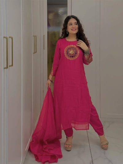 Pink Cotton Embroidered Kurti Pant Dupatta Set – 3-Piece Ethnic Wear