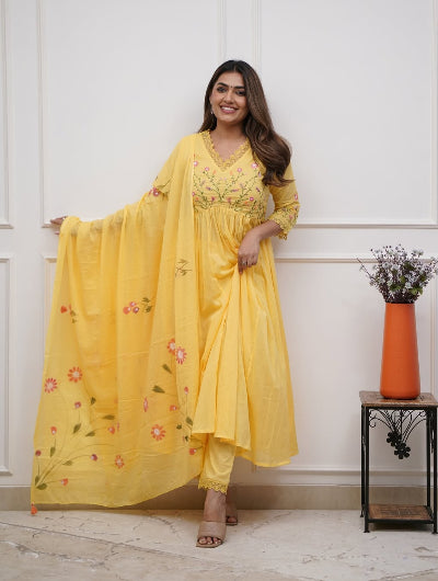 Yellow Embroidered Cotton Kurta Set with Printed Dupatta