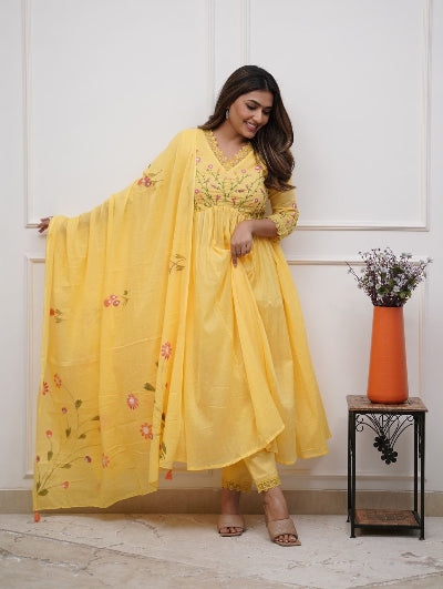 Yellow Embroidered Cotton Kurta Set with Printed Dupatta