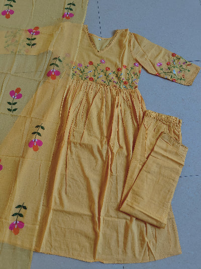 Yellow Embroidered Cotton Kurta Set with Printed Dupatta