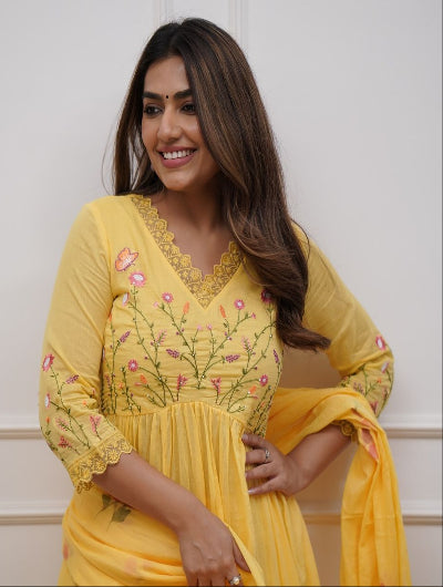 Yellow Embroidered Cotton Kurta Set with Printed Dupatta