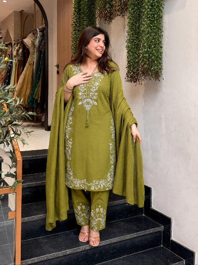 Ethnic Wear Cotton Embroidered Straight Suit Set