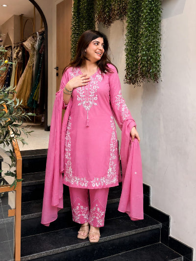 Ethnic Wear Cotton Embroidered Straight Suit Set