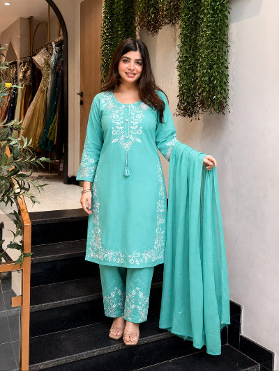 Ethnic Wear Cotton Embroidered Straight Suit Set
