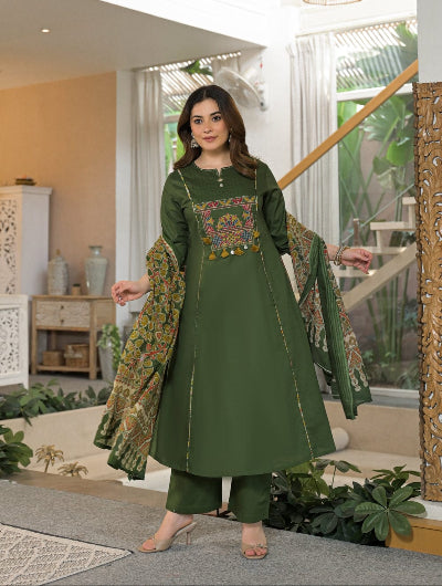 Olive Green Embroidered Cotton Anarkali Suit Set