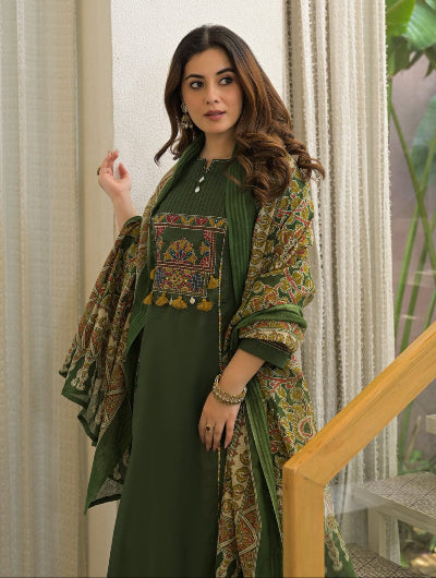Olive Green Embroidered Cotton Anarkali Suit Set