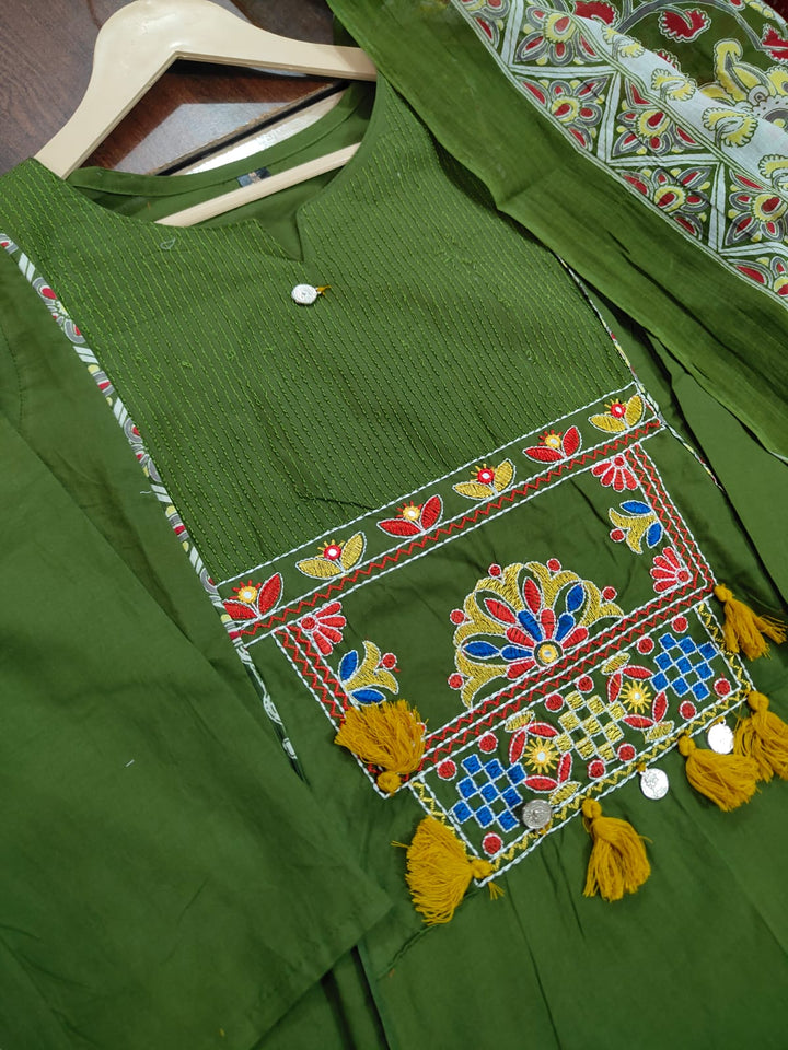 Olive Green Embroidered Cotton Anarkali Suit Set