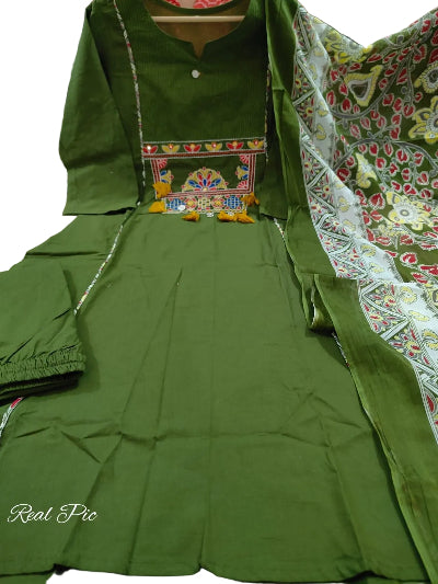 Olive Green Embroidered Cotton Anarkali Suit Set
