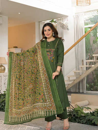 Olive Green Embroidered Cotton Anarkali Suit Set
