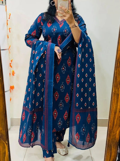 Royal Blue Premium Cotton Mirror Work Straight Suit Set