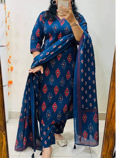 Royal Blue Premium Cotton Mirror Work Straight Suit Set