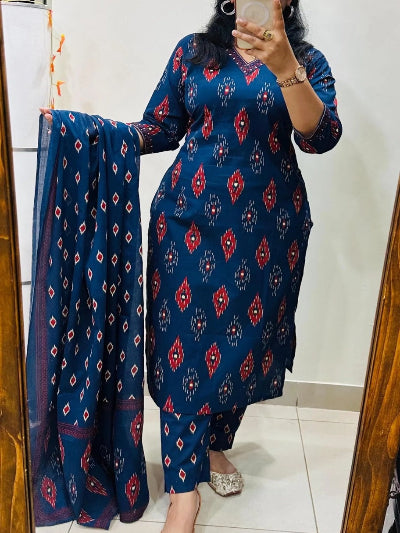 Royal Blue Premium Cotton Mirror Work Straight Suit Set