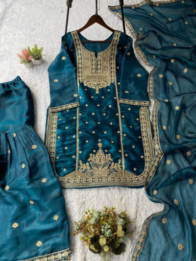 Teal Blue Tissue Silk Embroidery Work Sharara Suit Set