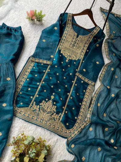 Teal Blue Tissue Silk Embroidery Work Sharara Suit Set