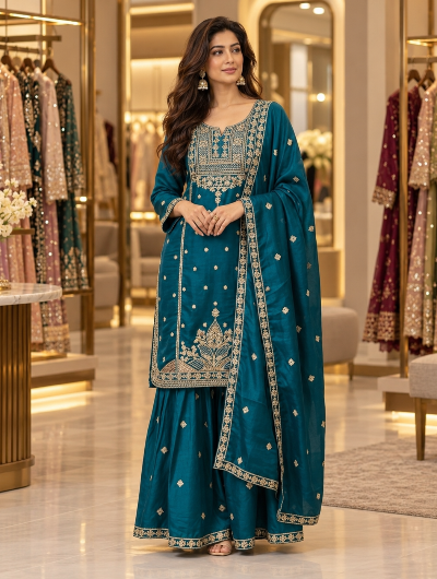 Teal Blue Tissue Silk Embroidery Work Sharara Suit Set