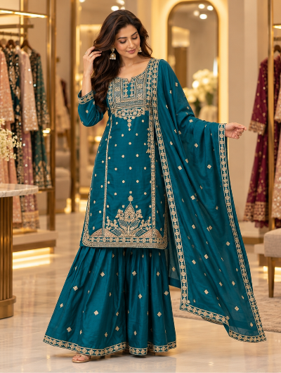 Teal Blue Tissue Silk Embroidery Work Sharara Suit Set
