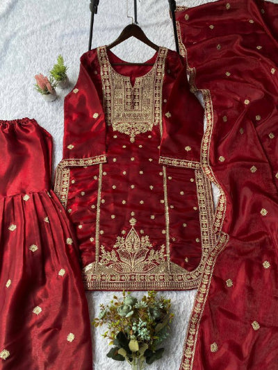 Red Tissue Silk Embroidery Work Sharara Suit Set
