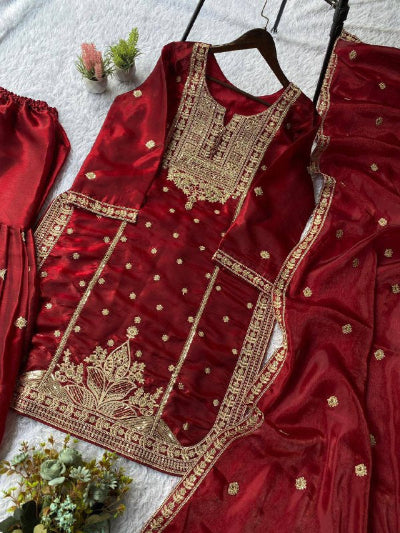 Red Tissue Silk Embroidery Work Sharara Suit Set