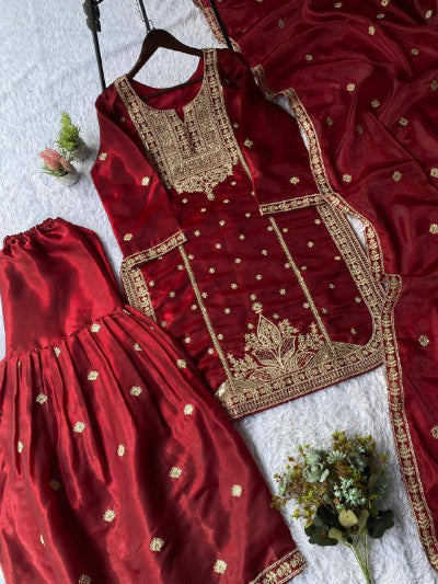 Red Tissue Silk Embroidery Work Sharara Suit Set
