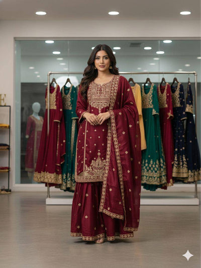 Red Tissue Silk Embroidery Work Sharara Suit Set