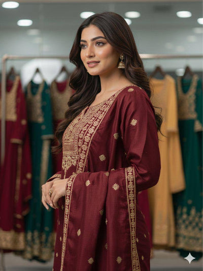 Red Tissue Silk Embroidery Work Sharara Suit Set