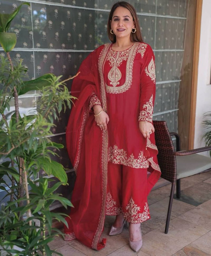 Red Embroidery Sequins Chinon Silk Suit Set UK Next Day