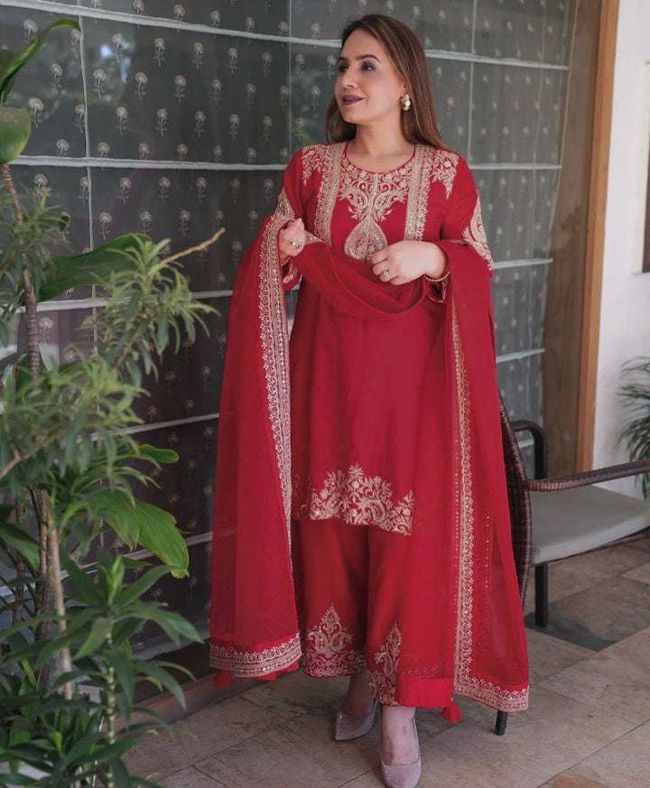 Red Embroidery Sequins Chinon Silk Suit Set UK Next Day