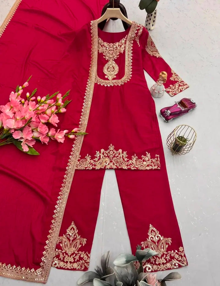 Red Embroidery Sequins Chinon Silk Suit Set UK Next Day