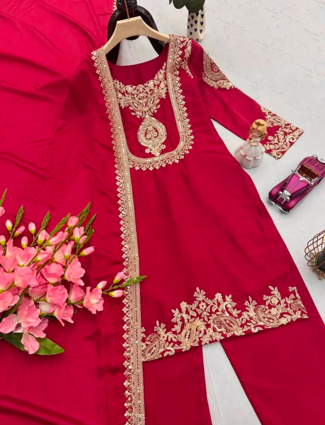 Red Embroidery Sequins Chinon Silk Suit Set UK Next Day