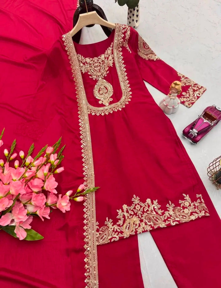 Red Embroidery Sequins Chinon Silk Suit Set UK Next Day
