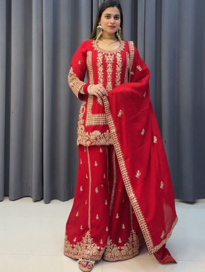 Red Gold Embroidered Sharara Palazzo Suit Set UK Next Day