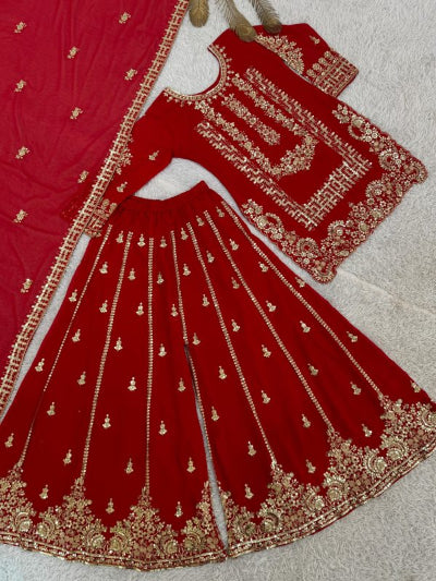 Red Gold Embroidered Sharara Palazzo Suit Set UK Next Day