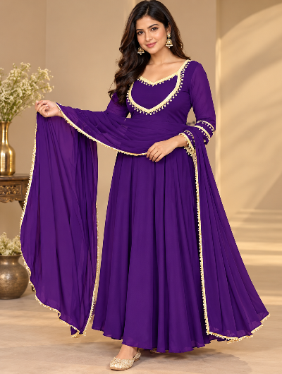 Purple Georgette Anarkali Gown Suit Set UK Next Day