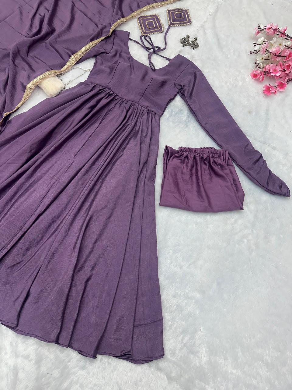 Lavender Chinon Silk Anarkali Suit Set UK Next Day