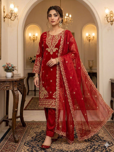 Red Festive Gold Embroidery Work Straight Suit UK Next Day