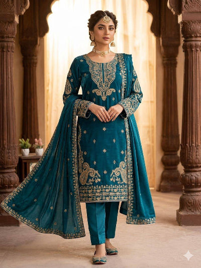 Teal Blue Exquisite Gold Embroidery Work Straight Suit