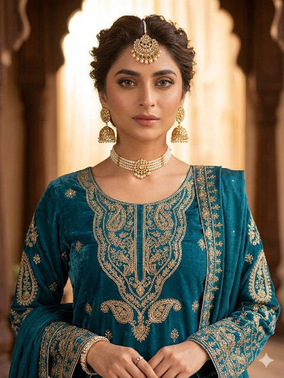 Teal Blue Exquisite Gold Embroidery Work Straight Suit