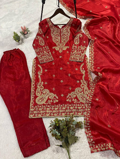 Red Festive Gold Embroidery Work Straight Suit UK Next Day