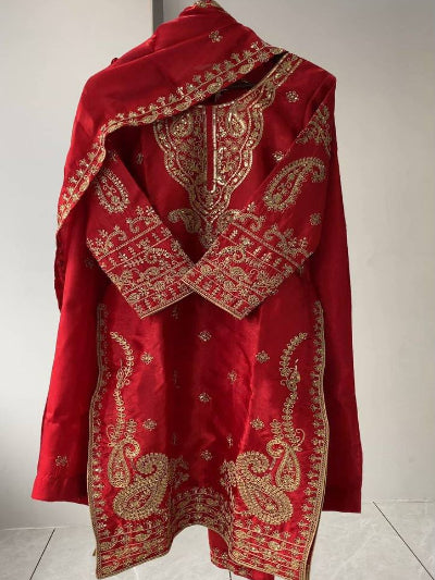 Red Festive Gold Embroidery Work Straight Suit UK Next Day