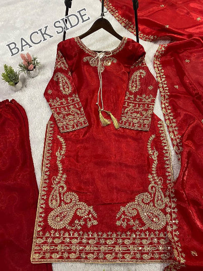 Red Festive Gold Embroidery Work Straight Suit UK Next Day