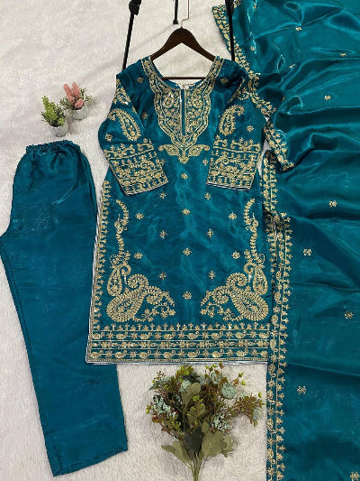 Teal Blue Exquisite Gold Embroidery Work Straight Suit