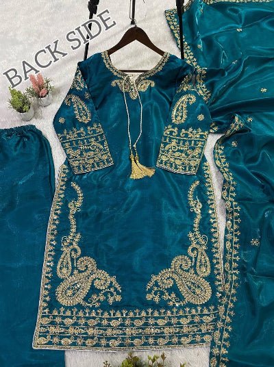 Teal Blue Exquisite Gold Embroidery Work Straight Suit