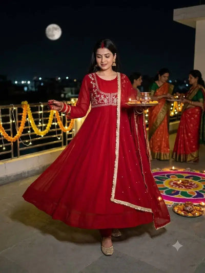 Red Georgette Karwachauth Embroidered Gown Suit Set UK Next Day