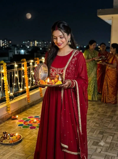 Red Georgette Karwachauth Embroidered Gown Suit Set UK Next Day