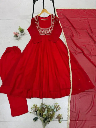 Red Georgette Karwachauth Embroidered Gown Suit Set UK Next Day